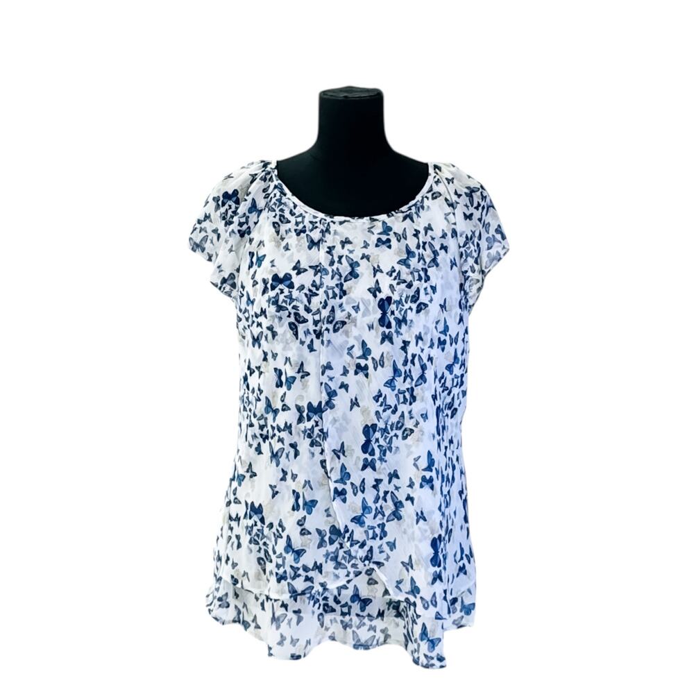 Tamara H Large Sheer Overlay Blue Butterfly Print Short Sleeve Blouse Large